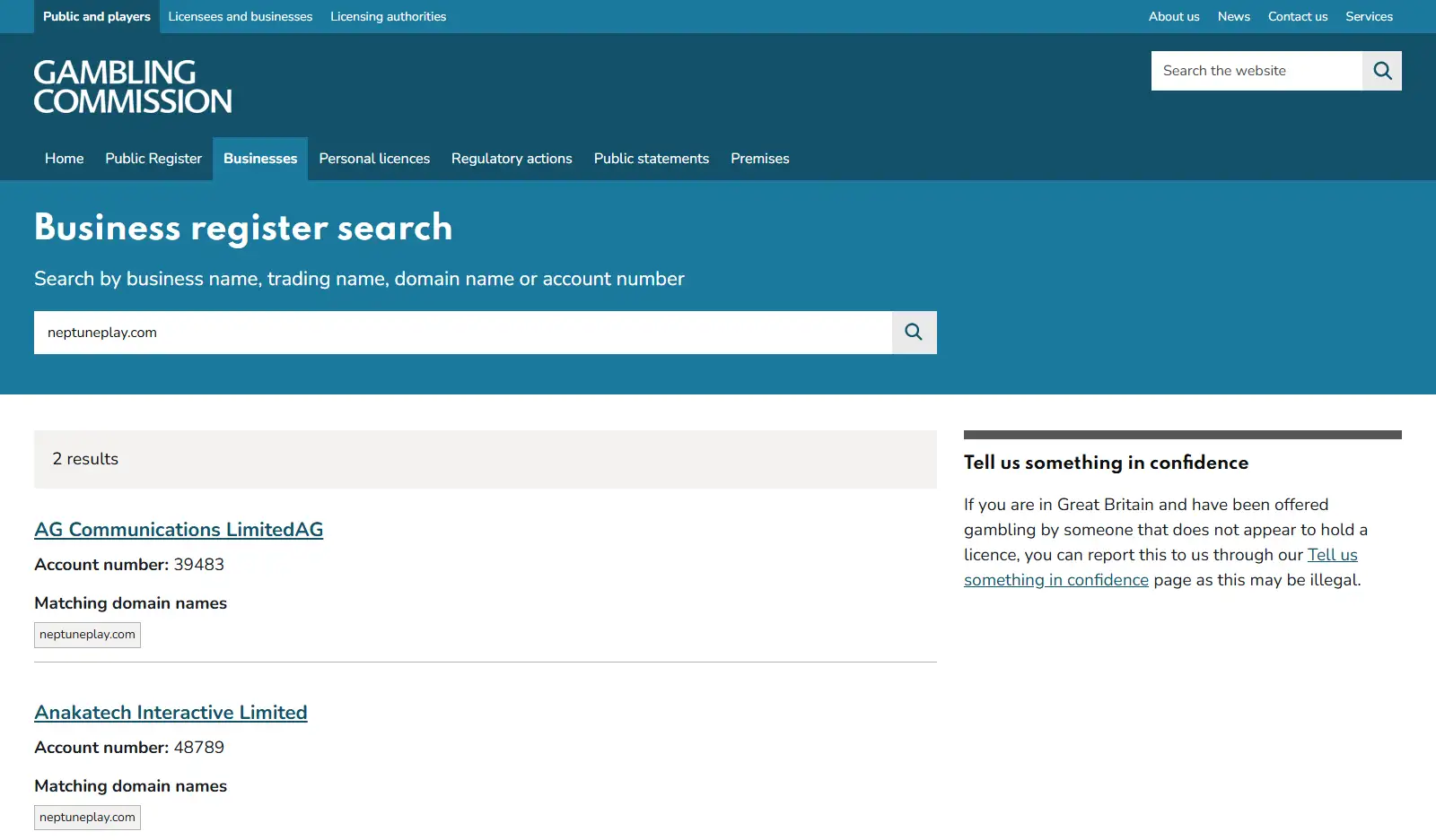 UK Gambling Commission public register entry for Neptune Play